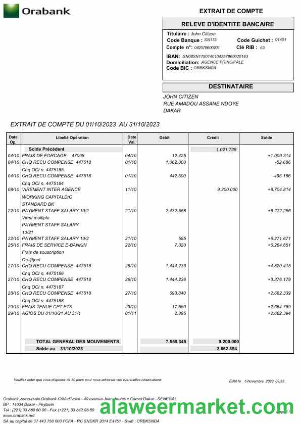 Togo Orabank statement Word and PDF template